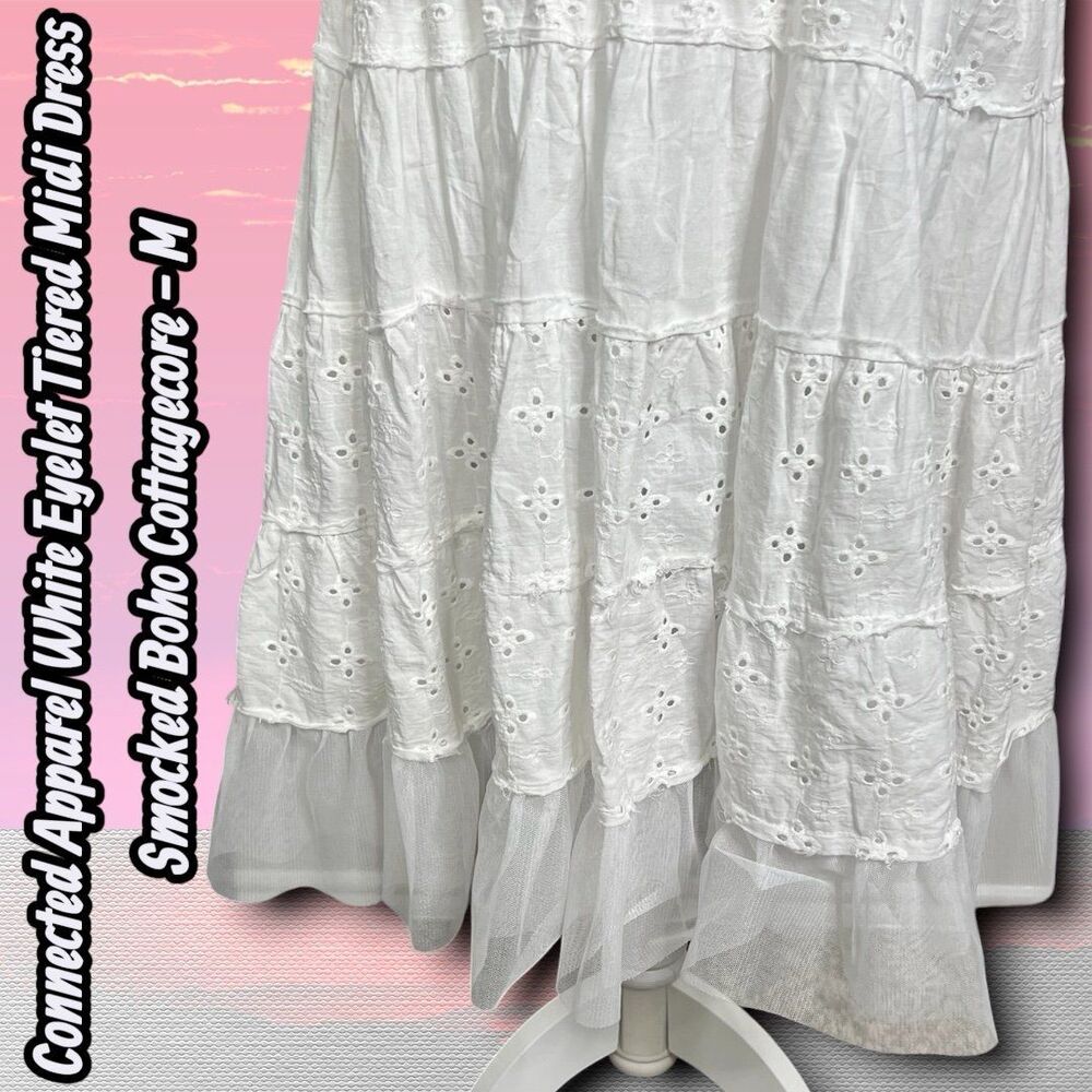 Like New Connected Apparel White Eyelet Tiered Midi Dress Smocked Boho Cottageco - Picture 9 of 9